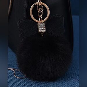 Bag Charm Black Faux Rabbit Fur Keychain Sparkling Bow w/Pom Pom